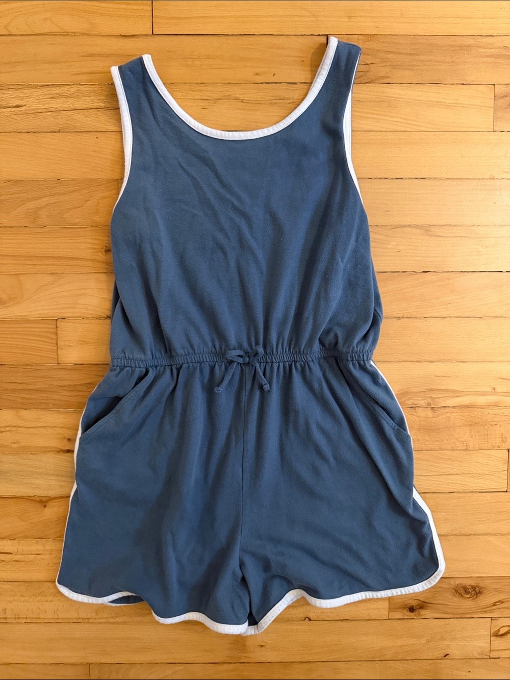 wonder nation Blue Sleeveless Drawstring Romper with White Trim